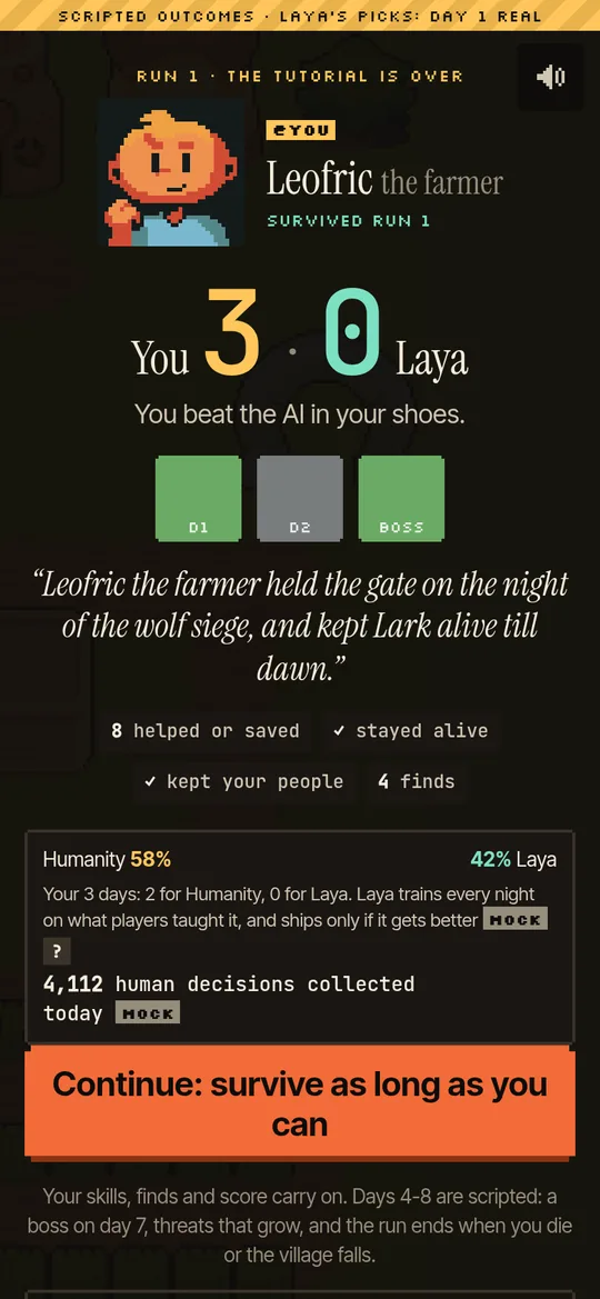 Prototype end of run 1: Leofric the farmer survived run 1, You 3, Laya 0, a three-square share grid, and a mock Humanity versus Laya score.