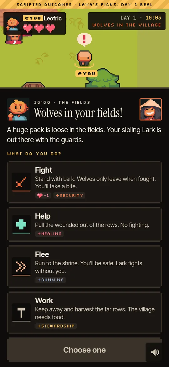 Prototype moment card: Leofric the farmer, 10:00 in the fields, Wolves in your fields! A huge pack is loose and his sibling Lark is out there with the guards. Options: fight, help, flee, work.