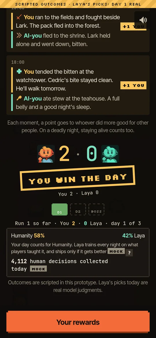 Prototype nightly reveal: two timelines, You and AI-you, for the same day. You ran to the fields and fought beside Lark; AI-you fled to the shrine and Lark went down. Score You 2, Laya 0: You win the day.