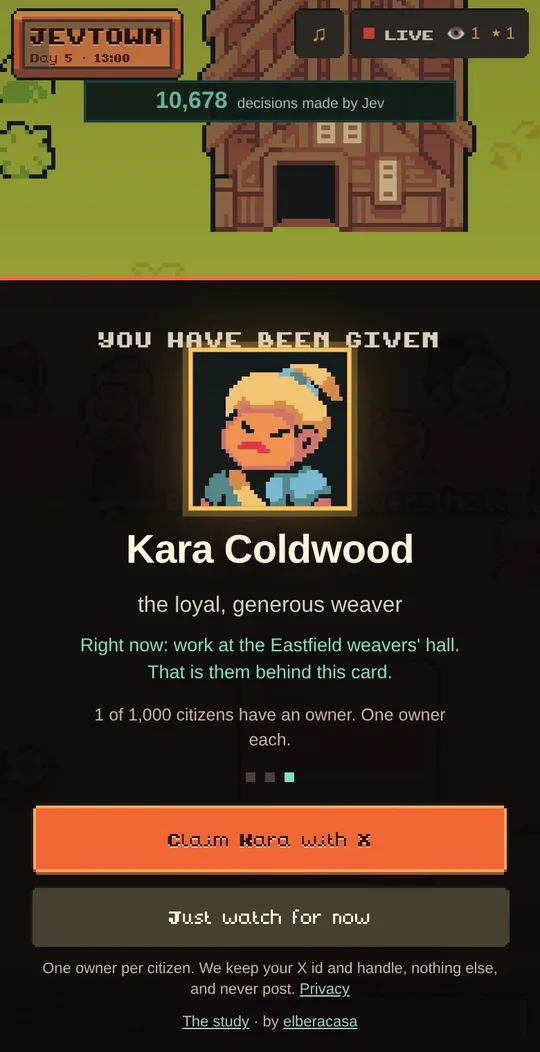 The onboarding card: you have been given Kara Coldwood, a weaver, with a button to claim her with X